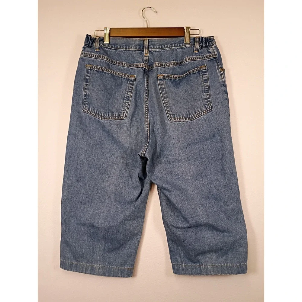 Gorpcore L.L.Bean Women 14 Blue Denim High Rise Elastic Back Long Bermuda Shorts